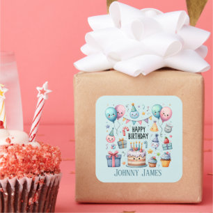 Sticker Carré Cute Happy Birthday cake ajouter nom