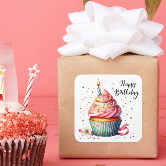 Sticker Carré Cute Happy Birthday cupcake (Fête)