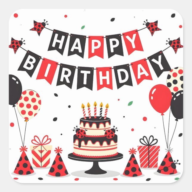 Sticker Carré Cute Happy Birthday ladybug theme (Devant)