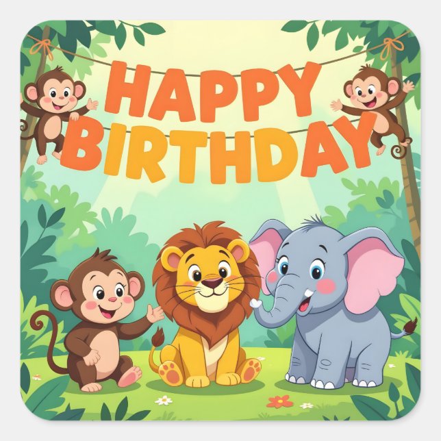 Sticker Carré Cute Happy Birthday safari theme (Devant)