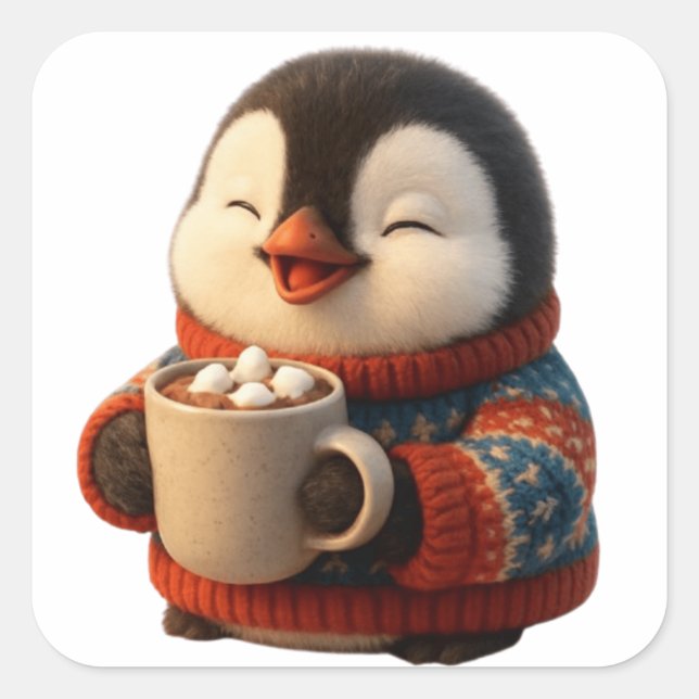 Sticker Carré Cute Happy Penguin in Sweater Hot Cocoa (Devant)