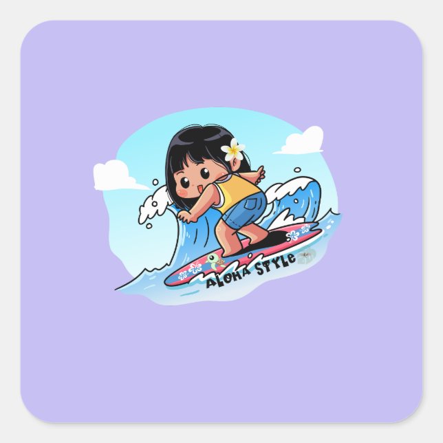 Sticker Carré Cute Hawaiian Surfer Girl (Devant)