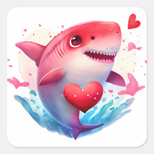 Sticker Carré Cute Heart Shark Valentine