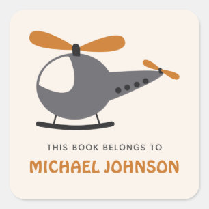 Sticker Carré Cute Helicopter & Kid Boy Name Bookplate