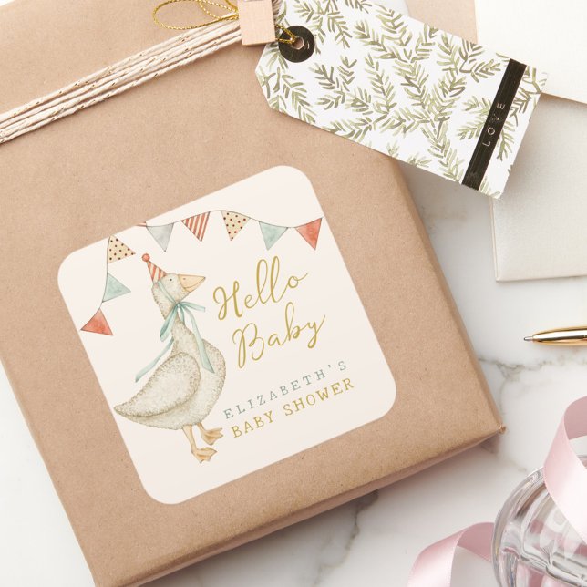 Sticker Carré Cute Hello Baby Baby shower de canard (Créateur téléchargé)