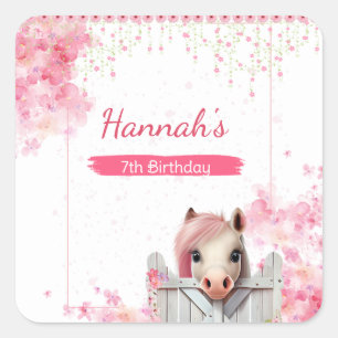 Sticker Carré Cute Horse Anniversaire Rose Floral Personnalisé