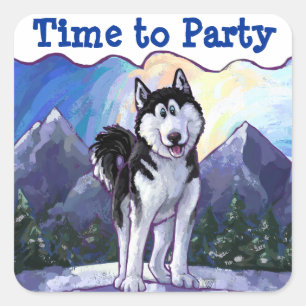 Sticker Carré Cute Husky Time to Party