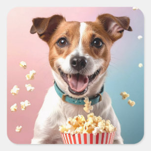 Sticker Carré Cute Jack Russell Terrier Avec Popcorn
