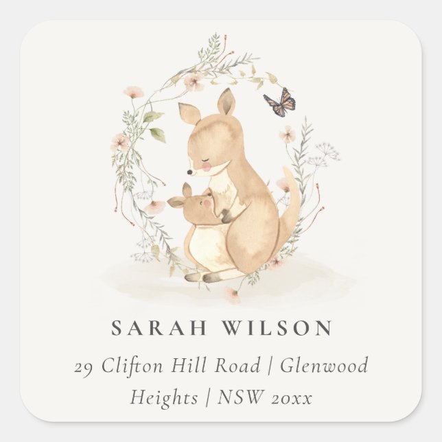Sticker Carré Cute Joey Mama Kangaroo Floral Wreath Adresse (Devant)