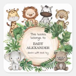 Sticker Carré Cute Jungle Animaux Baby shower Bookplate Étiquett