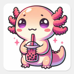 Sticker Carré Cute Kawaii Axolotl avec thé à bulle