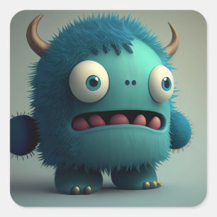 Sticker Carré Cute Kawaii Blue 3D Monster