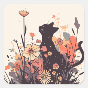 Sticker Carré Cute Kawaii Chat dans le champ plein de fleurs