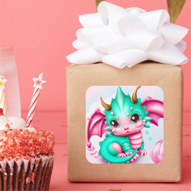 Sticker Carré Cute Kawaii Dragon de bébé Turquoise et rose (Fête)