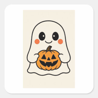 Sticker Carré Cute Kawaii Ghost avec Citrouille