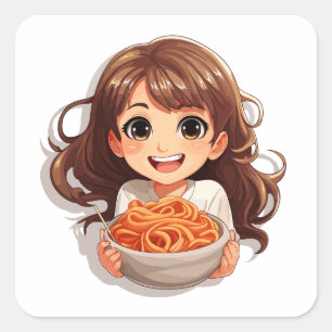Sticker Carré Cute Kawaii Girl Manger Spaghetti