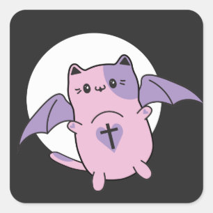 Sticker Carré Cute Kawaii Kitty Bat Chat