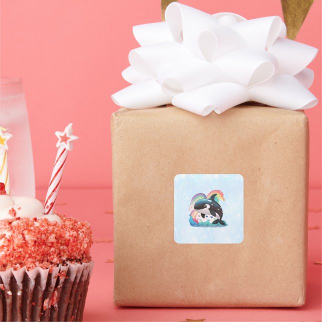 Sticker Carré Cute Kawaii Orca Killer Whale Rainbows Papillons (Fête)