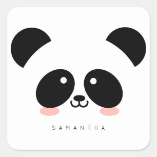 Sticker Carré Cute Kawaii Panda   Add Your Name