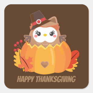 Sticker Carré Cute Kawaii Thanksgiving hibou ajouter un message