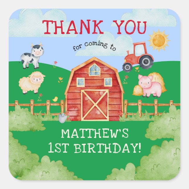 Sticker Carré Cute Kid's Farm/Barn Yard Birthday Merci (Devant)