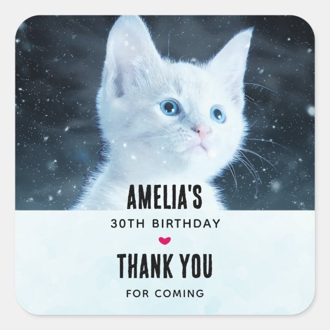 Sticker Carré Cute Kitten blanc avec Joli yeux bleu Anniversaire (Devant)