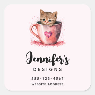 Sticker Carré Cute Kitten dans un Teacup avec Coeur Business