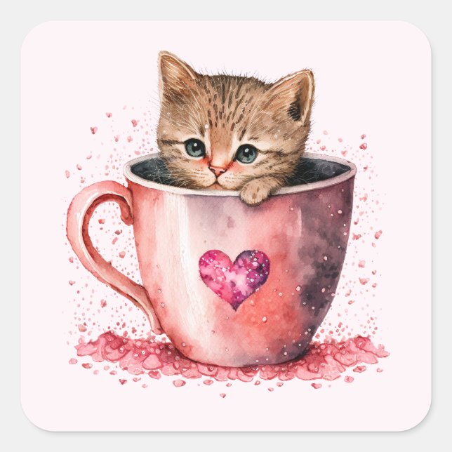 Sticker Carré Cute Kitten dans un Teacup avec les coeurs (Devant)