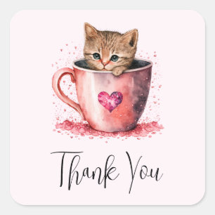 Sticker Carré Cute Kitten dans un Teacup avec Merci de coeur