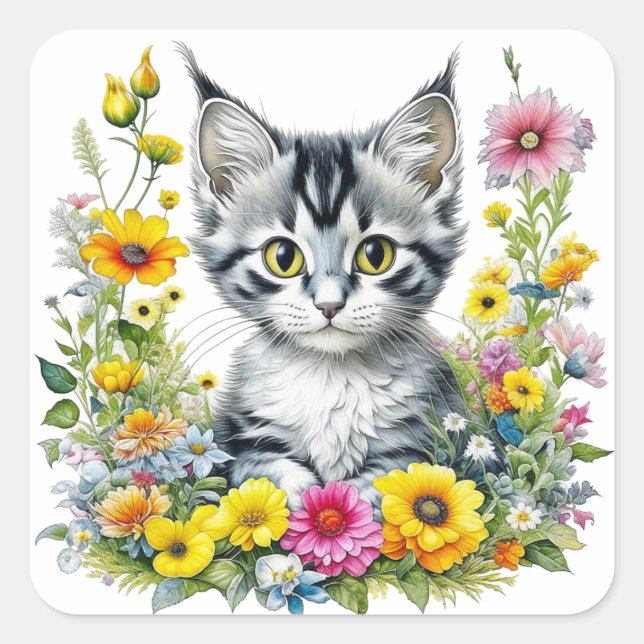 Sticker Carré Cute Kitten Entouré de fleurs (Devant)