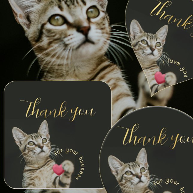 Sticker Carré Cute Kitten Merci pour votre entreprise avec coeur (Créateur téléchargé)