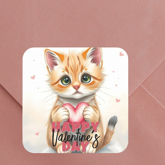 Sticker Carré Cute Kitten tenant le coeur rose Saint Valentin (Créateur téléchargé)