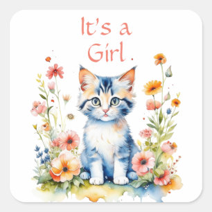 Sticker Carré Cute Kitten Theme C'est un Baby shower de fille