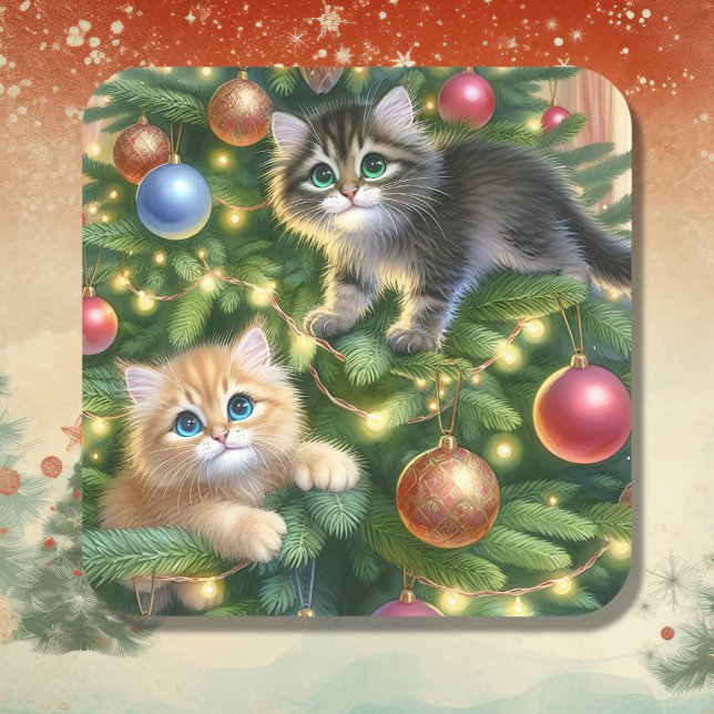 Sticker Carré Cute Kittens dans l'arbre de Noël (Créateur téléchargé)