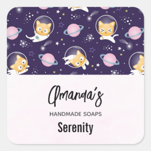 Sticker Carré Cute Kitty Chat Astronauts Motif Soap Business