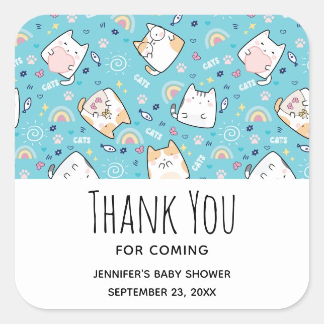 Sticker Carré Cute Kitty Chat Motif Baby shower Whimsical (Devant)