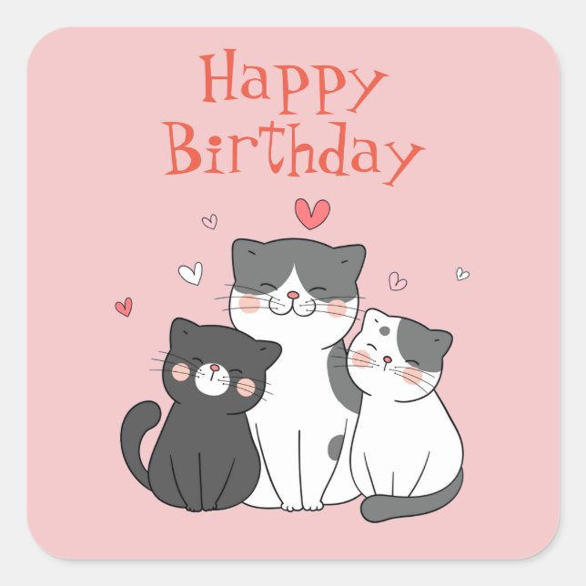 Sticker Carré Cute Kitty Chat Rose Joyeux Anniversaire (Devant)
