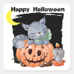 Sticker Carré Cute Kitty Jack o' Lantern Enfants Halloween