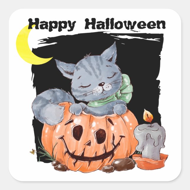 Sticker Carré Cute Kitty Jack o' Lantern Enfants Halloween (Devant)