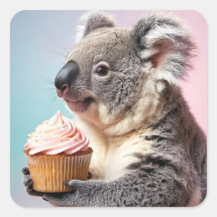 Sticker Carré Cute Koala Avec Cupcake Pastel Gradient