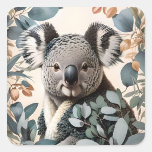 Sticker Carré Cute Koala Eucalyptus Feuilles