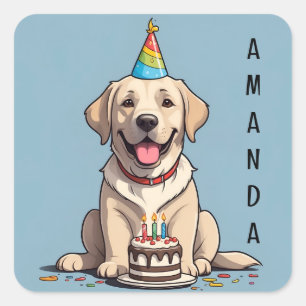 Sticker Carré Cute Labrador Jaune avec gâteau d'anniversaire