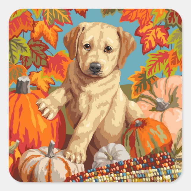 Sticker Carré Cute Labrador Retriever Puppy récolte d'automne (Devant)