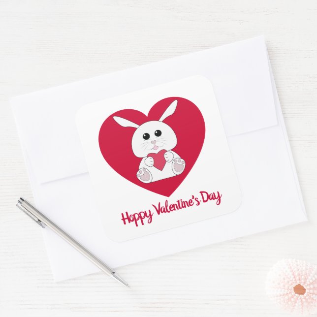 Sticker Carré Cute lapin Hoppy Valentine jour rouge Coeur (Enveloppe)