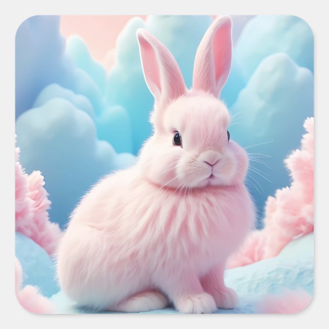 Sticker Carré Cute Lapin Rose Coton Bonbons Nuages (Devant)