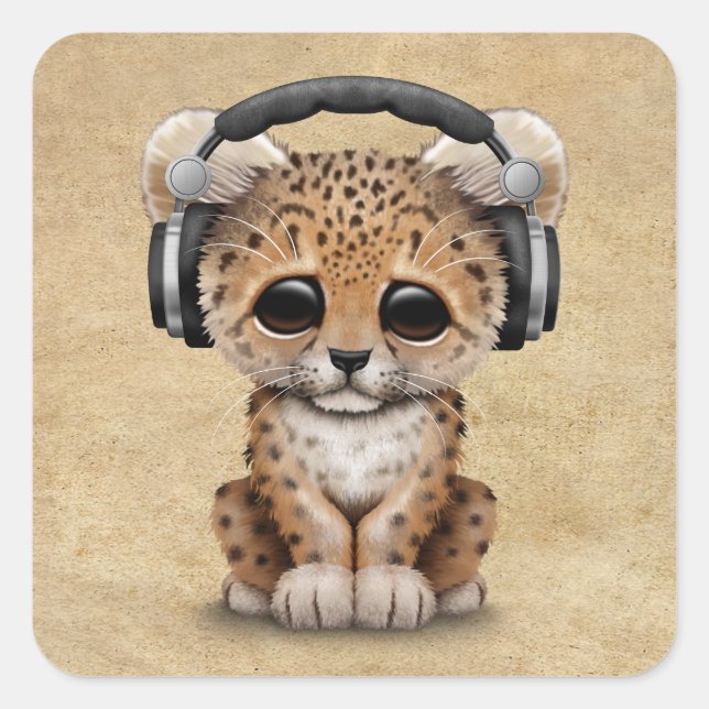 Sticker Carré Cute Leopard Cub Dj Porte Un Casque (Devant)