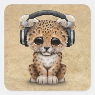 Sticker Carré Cute Leopard Cub Dj Porte Un Casque