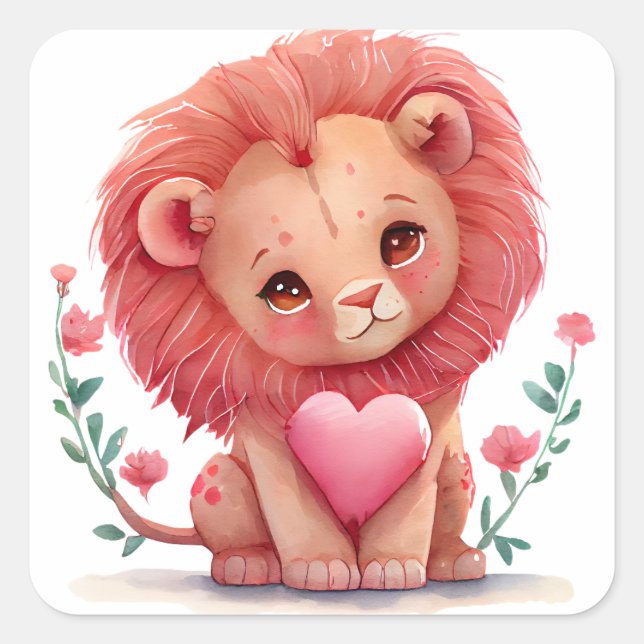 Sticker Carré Cute Lion Heart Valentine (Devant)
