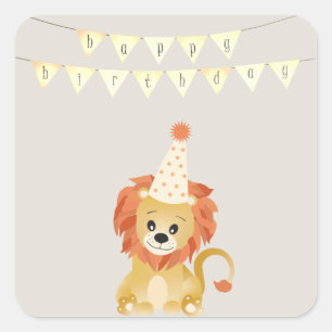 Sticker Carré Cute Lion Portant Casquette de fête Anniversaire B