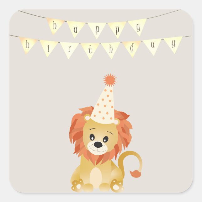 Sticker Carré Cute Lion Portant Casquette de fête Anniversaire B (Devant)